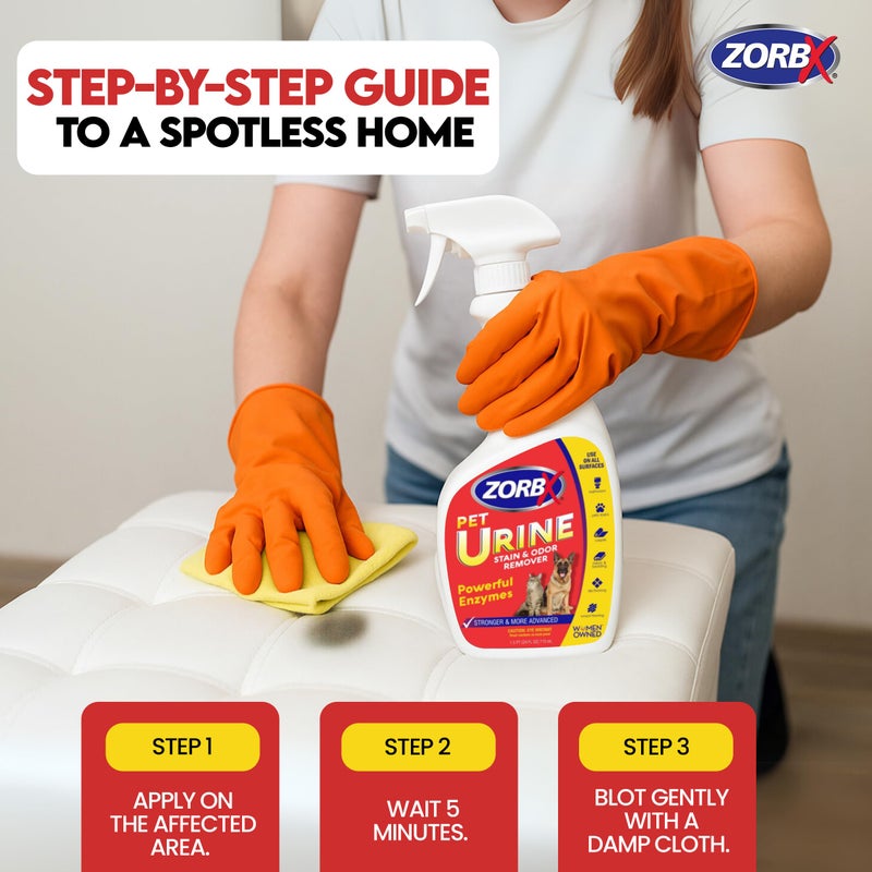 ZORBX Pet Urine Stain and Odor Remover Spray 24 FL Oz - Dog, Cat Urine Enzyme Odor Destroyer - Perfect Solution for Unpleasant Urine Odor and Stain Remover - Hardwood Floors & Carpet Cleaner - Image 3